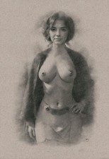 Femme sexy Dessin signé Nu féminin Modèle sensuelle Seins Corps Œuvre Réalisme