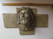 tête christ sur croix ancien en bronze sculpture en relief épais lourd A Dubois
