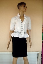  CHEMISIER * MORGAN *A JABOT FROU FROU BLANC + JUPE NOIR LYCRA NEUVET 36/38