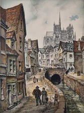 Estampe signée Amiens - La rue des Tanneurs Barday (1938) paysage ville