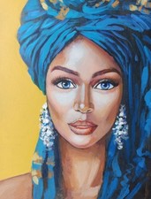 Peinture art portrait femme afro-américaine décoration murale cadeau turban...