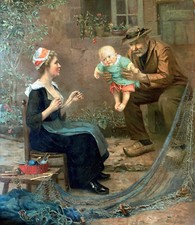 Tableau grand chromo 1900 Famille bretonne Pêcheur bébé signé