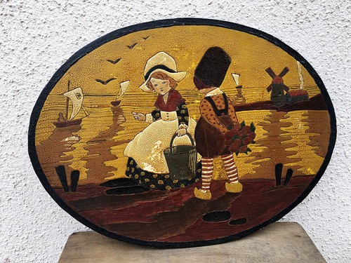 Ancien tableau ovale bois - tableau,