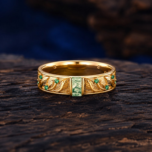 Moss agate emerald leaf band - &,