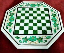 12 " Marbre Blanc Échecs Jeu Table Top Incrustation Malachite Pietra Dura
