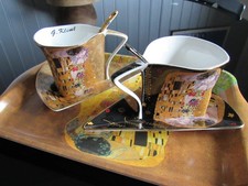 Tête a tête porcelaine KLIMT .G - Duo tasses + sous tasses + cuillère + plateau