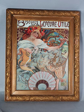 Ancienne affiche Mucha Art nouveau Biscuits Lefèvre Utile + cadre 56x46 cm C681