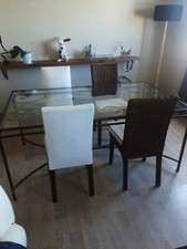 table salle à manger fer forgé et verre sécurité + 4 chaises 