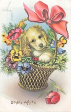 CP ILLUSTREE PAILLETTES SIGNEE VIVEY PANIER CHIEN FLEURS - 66337