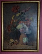 TRES ANCIEN & GRAND Tableau Décor Floral sur Isorel 19ème Signature à Identifier