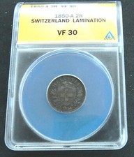 Switzerland 1850-A 2R Lamination. VF 30 ANACS. Scarce Swiss error coin
