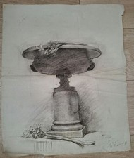 Fusain Recto Verso Chien De Chasse Et Vasque De Jardin XIXe Siecle