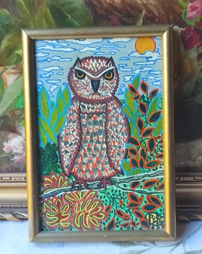 Ancien tableau hst hibou 1974 - ancien,