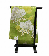 Kimono japonais Fukuro Obi vert clair motif broderie feuille blanche occasion