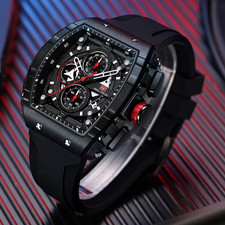 Sport Watch Men's Wristwatch Quartz Waterproof Chronograph Silicon Strap Black.