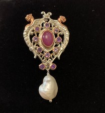 BROCHE ANCIENNE OR ROSE ARGENT MASSIF - RUBIS AMÉTHYSTES PERLE BAROQUE NATURELS