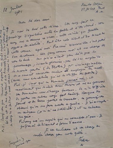 Cocteau lettre - (jean).,