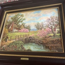 Paysage De Printemps Émaux plaque Helca martelé main 36 x 27 cm BE Rare !