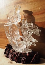 Chinese Carved Rock Crystal Statue Wood Stand Figurine Guanyin Kwanyin Chine水晶观音