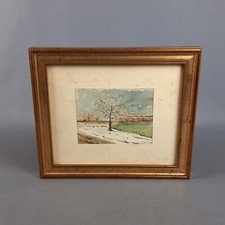 Tableau Aquarelle Sur Carton Signature A. Galbusera Paysage Avec Neige Vintage