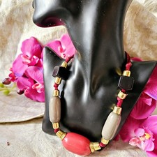 Collier Couture Vintage Perles De Galalithe Métal Doré Cordon Velours Rouge