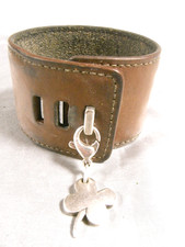 ?? LANCEL BRACELET CUIR TREFLE 4 FEUILLES ARGENT MASSIF BIJOUX VINTAGE JEWEL