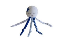 Peluche pieuvre blanc bleu 19 cm motif étoiles rayures pois – Biolane