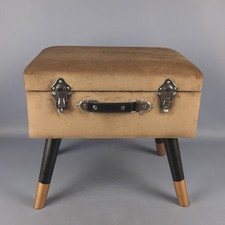 Pouf Coffre Conteneur Vintage Velours Marron Bois Style Valise Modernité