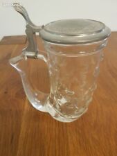 Chope à bière corne d'abondance en verre et couvercle en étain   