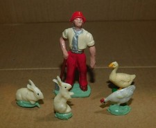 5 x ANCIENNE FIGURINE EN BAKELITE . FERMIER LAPIN OIE POULE . NO STARLUX BONUX