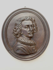 Ancien grand médaillon mural ovale fonte Plaque Portrait de Van Dyc - 19 ème