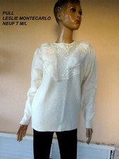 SUPERBE PULL LESLIE MONTE CARLO BLANC , FOURRURE LAPIN 70 % LAINE  T M/L 42 /44