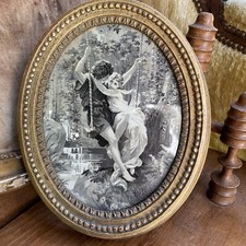 Ancien Cadre Ovale Napoléon III Bois Doré Soie Scène Galante 