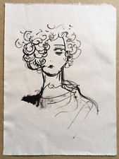 Dessin Original Feutre Portrait Visage Femme Coiffure Mode Cheveux Bouclés 