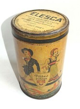 BOITE PUB TOLE VINTAGE FRENCH TIN BOX ELESCA DEJEUNER LACTE LSK CSKI