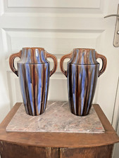 Ancien Paire Vase Céramique Emaillée Amphore Art Déco VIERZON Louis Gueule