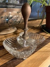 Ancien saleron en verre et en bois coupelles en forme de coquillage 1950