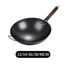 Poêle Wok Manuelle Poêle en Fer Forgé avec Manche en Bois Poêle Antiadhésiv