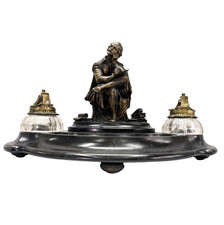 Rare encrier en bronze et marbre noir avec système de sonnette intégrée XIXème