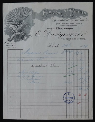 Facture 1929 davignon plumes - facture,