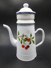ANCIENNE CAFETIERE EN TOLE EMAILLEE RARE DECOR AUX CERISES AU POCHOIR FOND BLANC