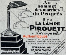 PUBLICITE PIROUETT LAMPE ELECTRIQUE PORTATIVE LUMIERE DE 1929 FRENCH AD PUB RARE