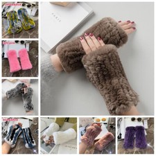 Femmes Véritable Lapin Fourrure Gants Tricoté Mitaines Élastique Demi Rétro