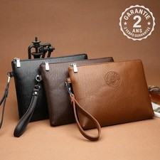 Pochette Sac à Main Homme Cuir PU Grand Portefeuille Fermeture Eclair Lanière