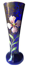 Vase Art Nouveau verre bleu de four émaillé fleur rose LEGRAS