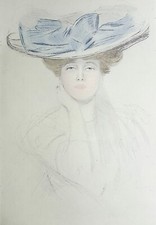 Paul-César HELLEU : Parisienne au  grand chapeau à noeud bleu, GRAVURE, 1913