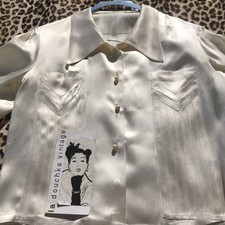 FRENCH 1920s LADY BLOUSE SHIRT~CREAM SILK SATIN & PEARL BUTTONS~MADE IN FRANCE~L