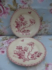 2 Assiettes plates ancienne en faïence de GIEN décor Aubépine, dia. 23 cm ROSES