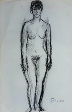 TABLEAU FRANCOIS DIANA MARSEILLE PEANO NU DEBOUT JEUNE FEMME DESSIN CRAYON GRAS