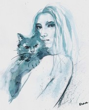 ENARA Art deco toile tableau peinture encre signée Chat Femme nue et chat noir